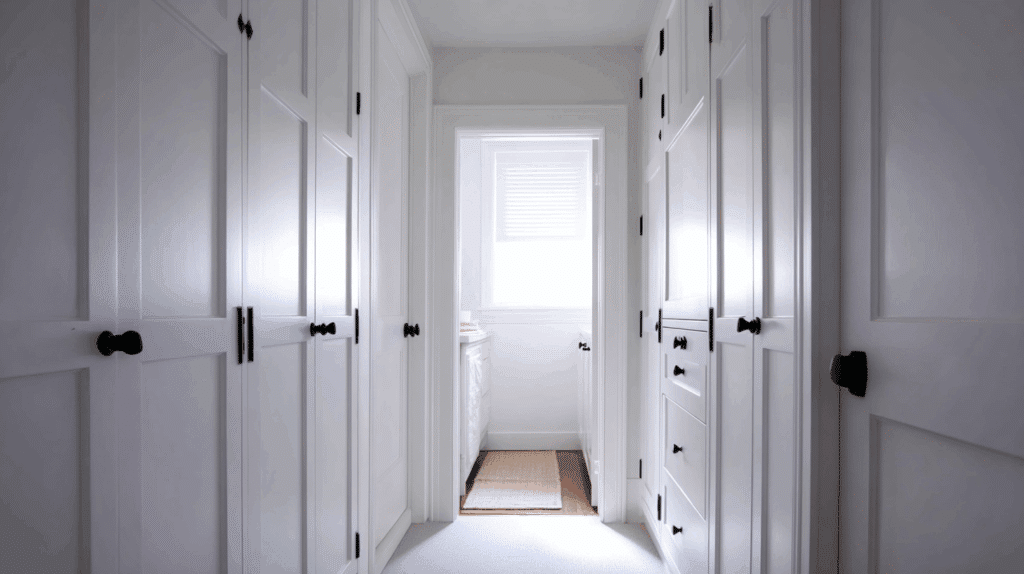 Hallway Linen Cabinets with Black Hinges