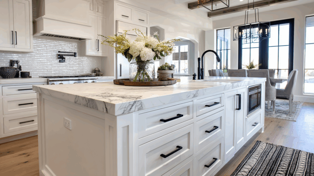 Kitchen Island with Bold Black Pulls