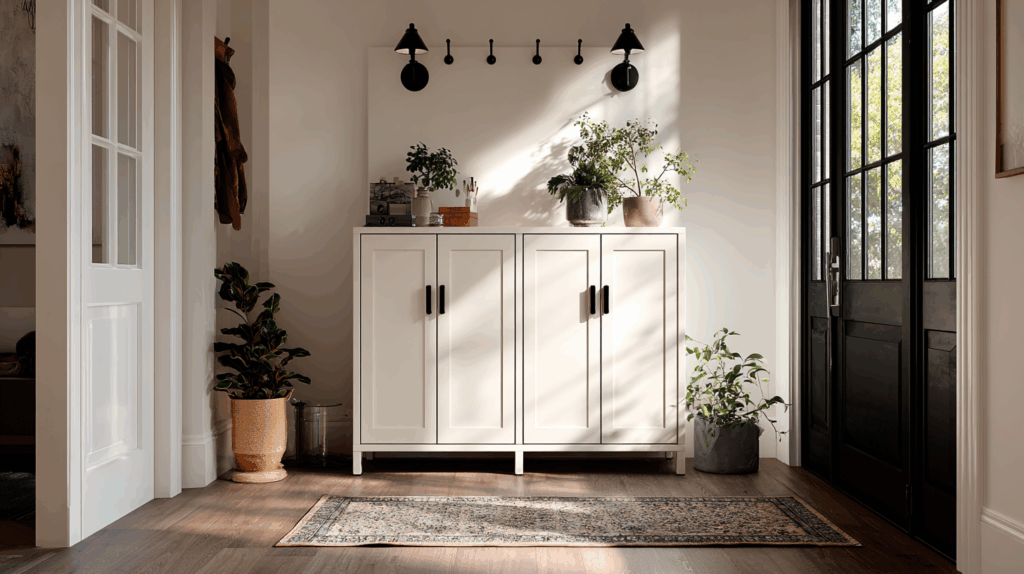 Shoe Cabinet with Black Pulls