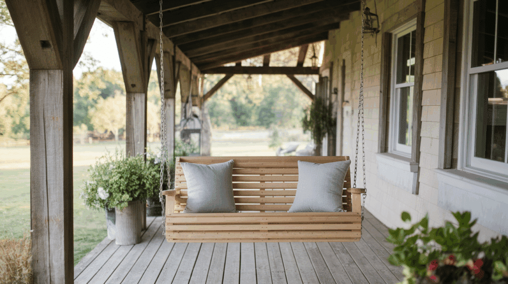country farmhouse porch ideas wooden swing