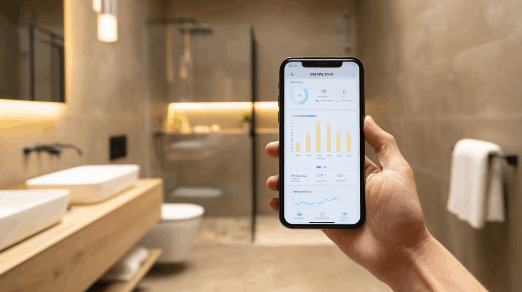 Homeowner using smartphone app to monitor water usage and control smart plumbing system in modern bathroom