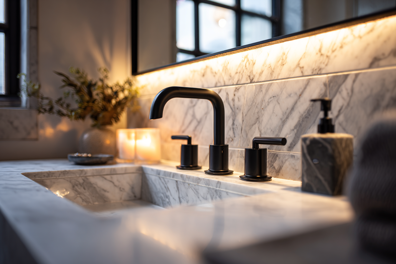 Luxury bathroom featuring modern matte black fixtures and marble countertops combining smart technology with elegant design