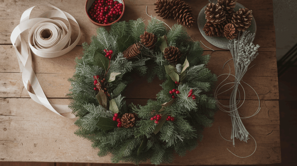 DIY Holiday Wreath with Pine and Ribbon