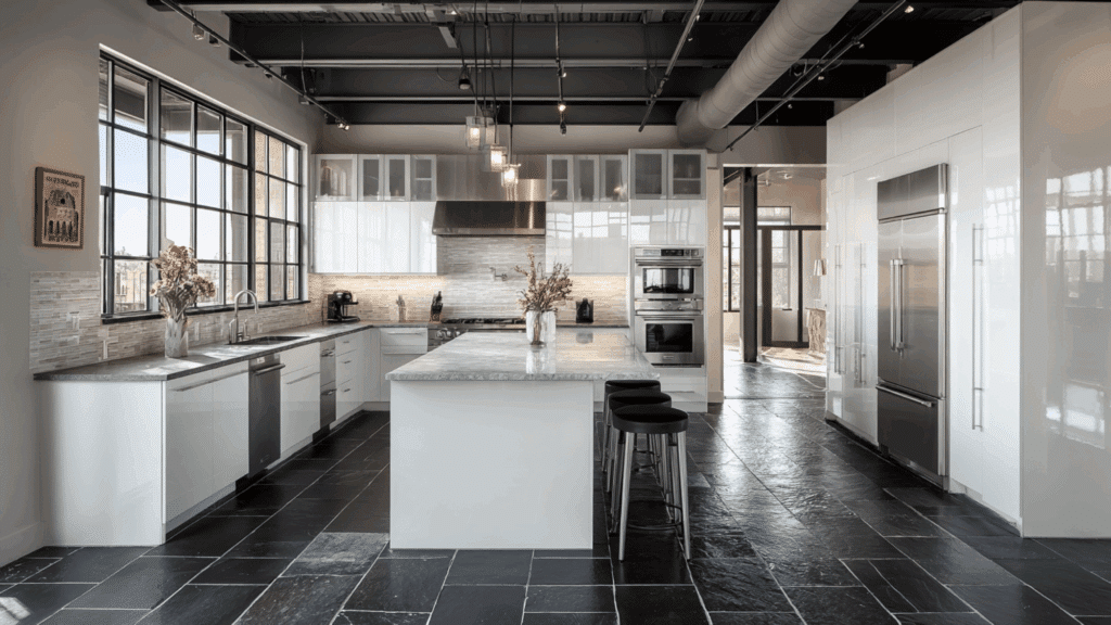 Black Slate Floors with Bright White Cabinets