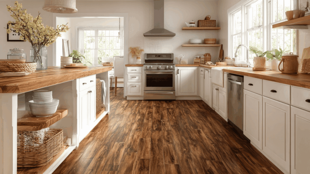 Chocolate Brown Luxury Vinyl with Off-White Cabinets