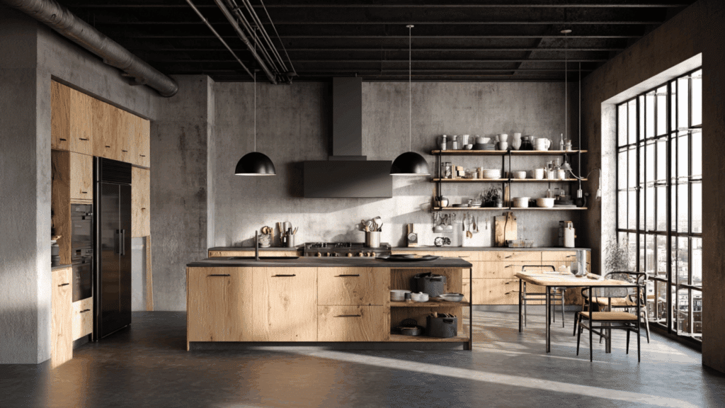 Dark Gray Concrete Floors with Light Wood-Tone Cabinets