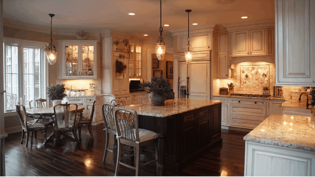 Dark Walnut Floors with Cream-Colored Cabinets