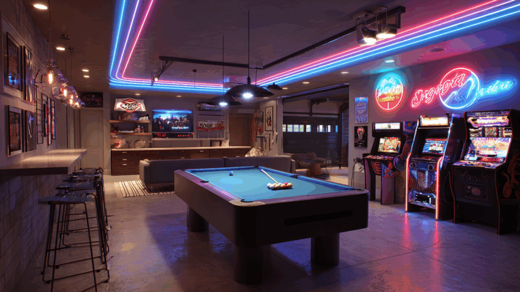 Game room with pool table or arcade setup