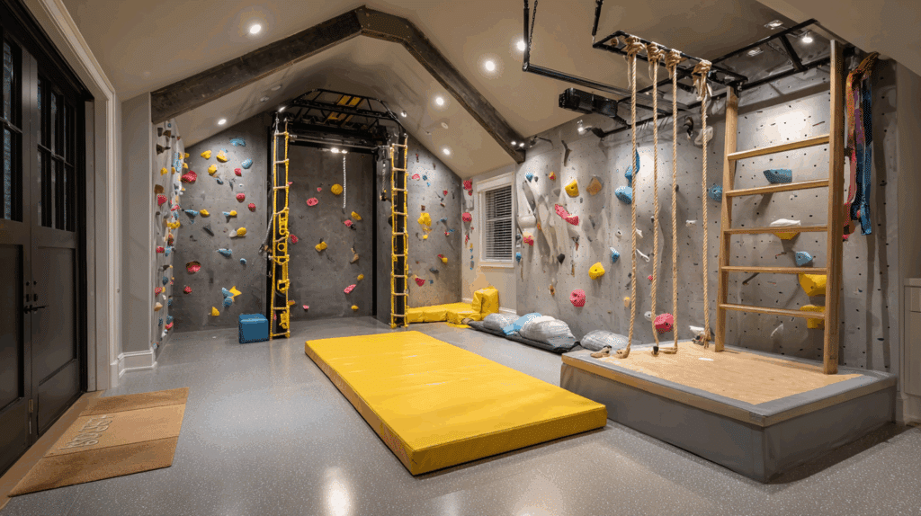 Indoor play gym with climbing wall