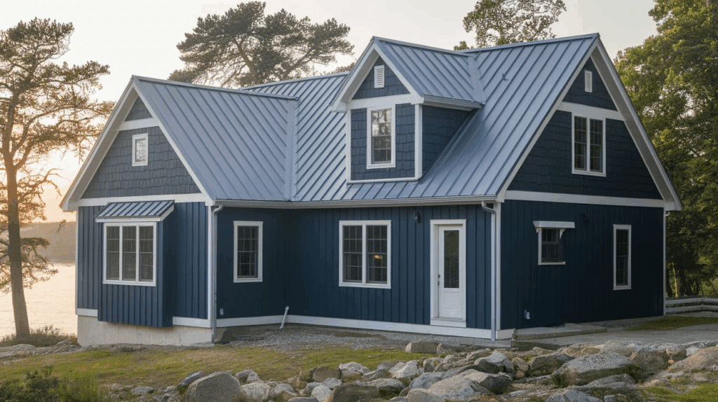 Navy Blue with Gray Metal Roof