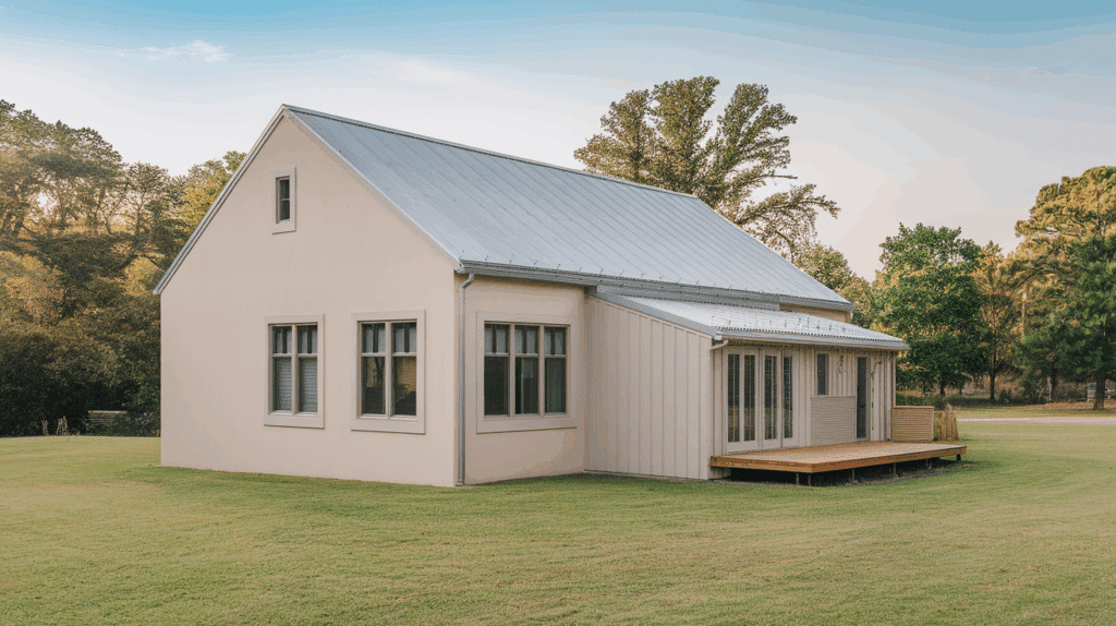 Soft Beige House with Gray Roof