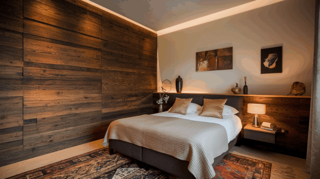 a bedroom with a wood panelling accent w_aAbmwr8dRSielGPA3W3XNA_wpbgQ3lQQf P_Qe3Nt32PA
