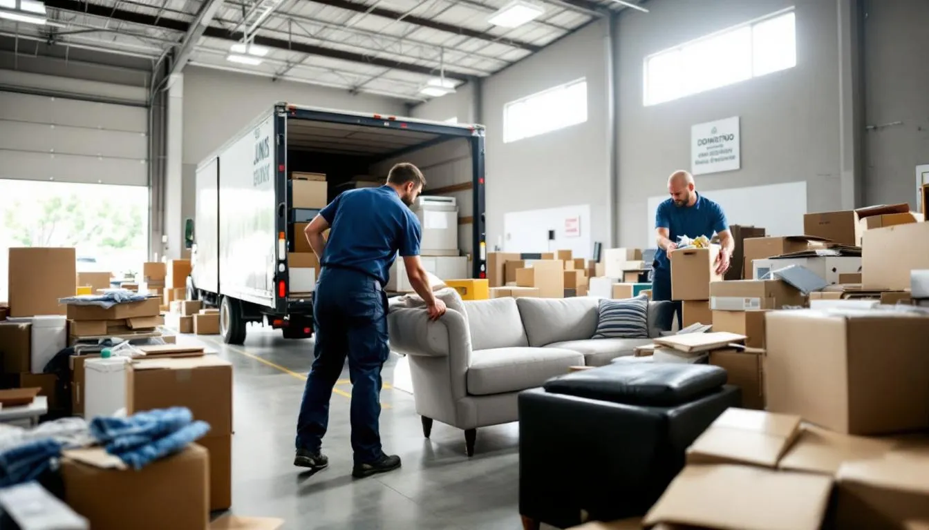 A donation center is shown receiving large furniture and household items from a professional junk removal service, where a team is efficiently unloading unwanted items like sofas, tables, and appliances from their truck. This service helps local charities by responsibly disposing of old furniture and promoting community recycling efforts.