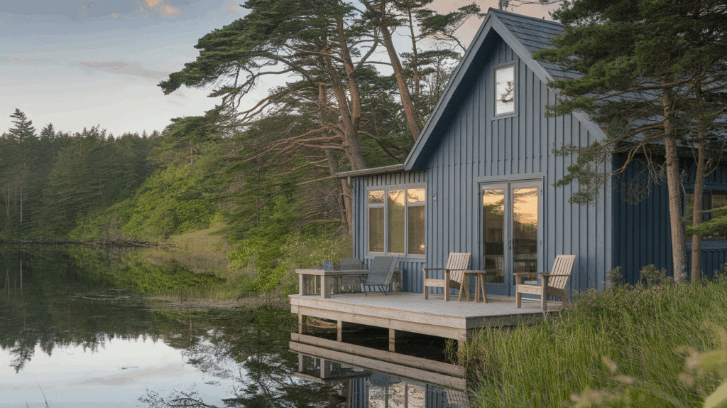 a photo of a cool slate blue log cabin n_PSF315HsSAWmrsjFIvLjZQ_ZgDW9KxmSwqzCc4Xjf_FVQ