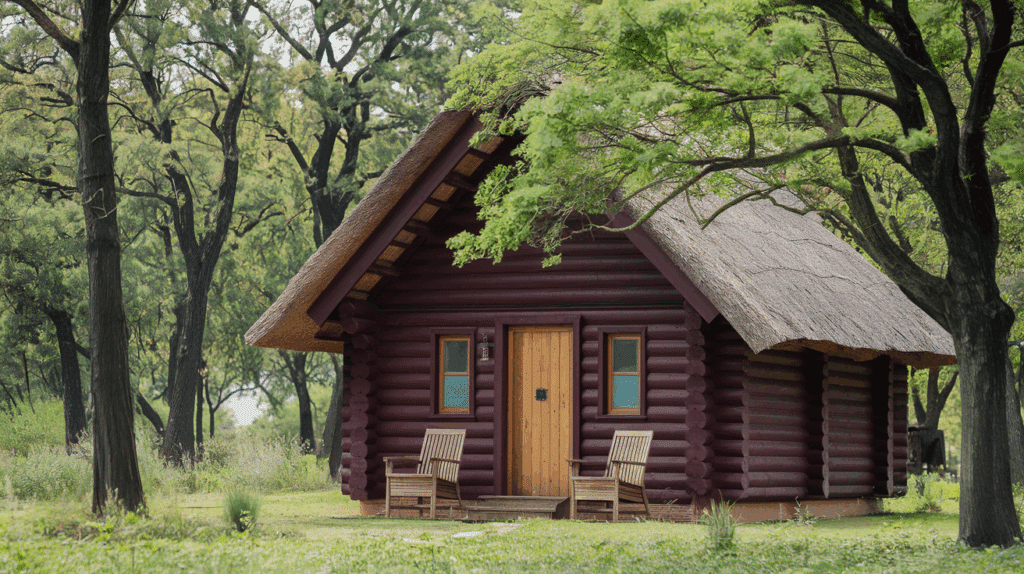 a photo of a deep burgundy log cabin set_h3Ddg3a2SuyosRjZzny2 Q_t0FvnS1oTN2OeVx1eed70g