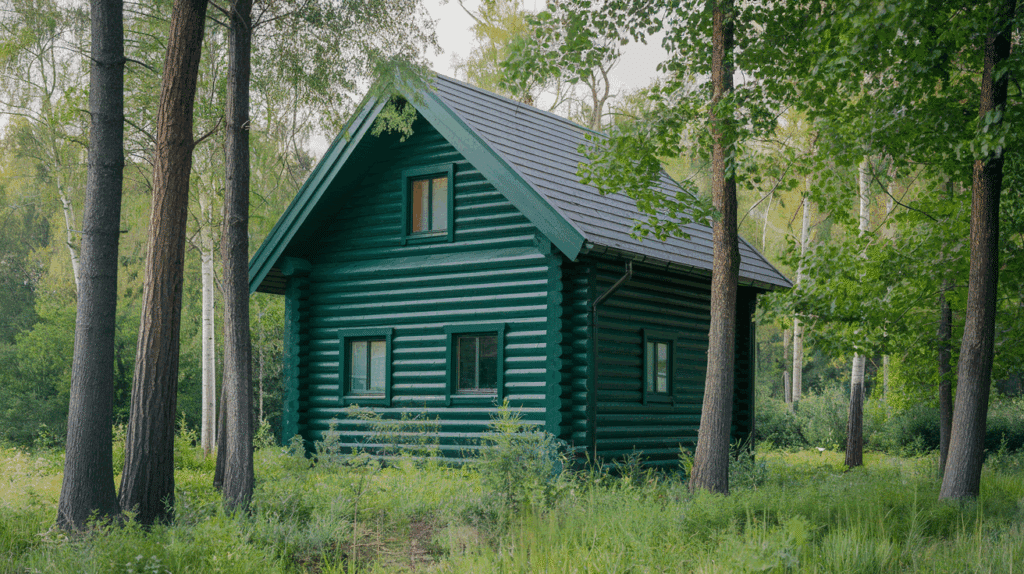a photo of a log cabin painted deep fore_VfazhHGtSgKJKxYOnps6rA_YC21Ep7iTgyhDrYbhBD 8Q
