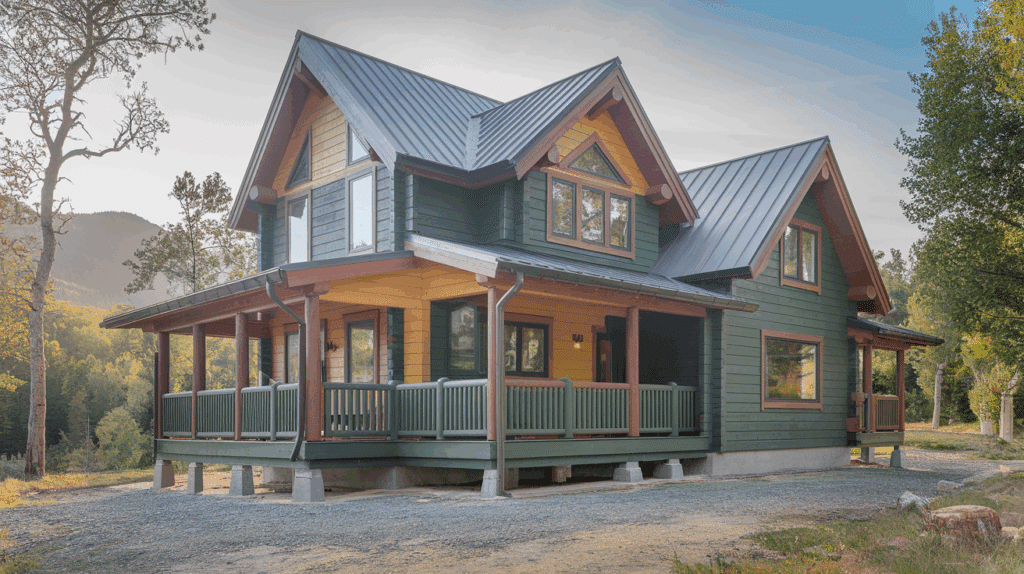 a photo of a log cabin with a mix of
