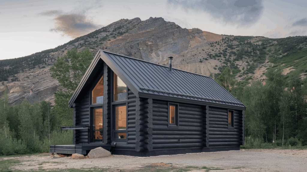 a photo of a modern log cabin painted in_ExW5ag9HTC6fkElcobovbQ_86avWLVxQk20eYz0L2dyFQ