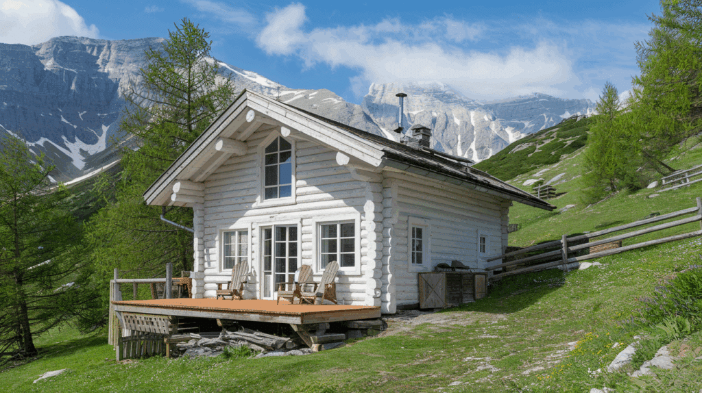 a photo of a white log cabin surrounded _HNIbYUzoTVaEHKL3Yk21Bg_0Whl19ZiTmCPlC_ikREsGg