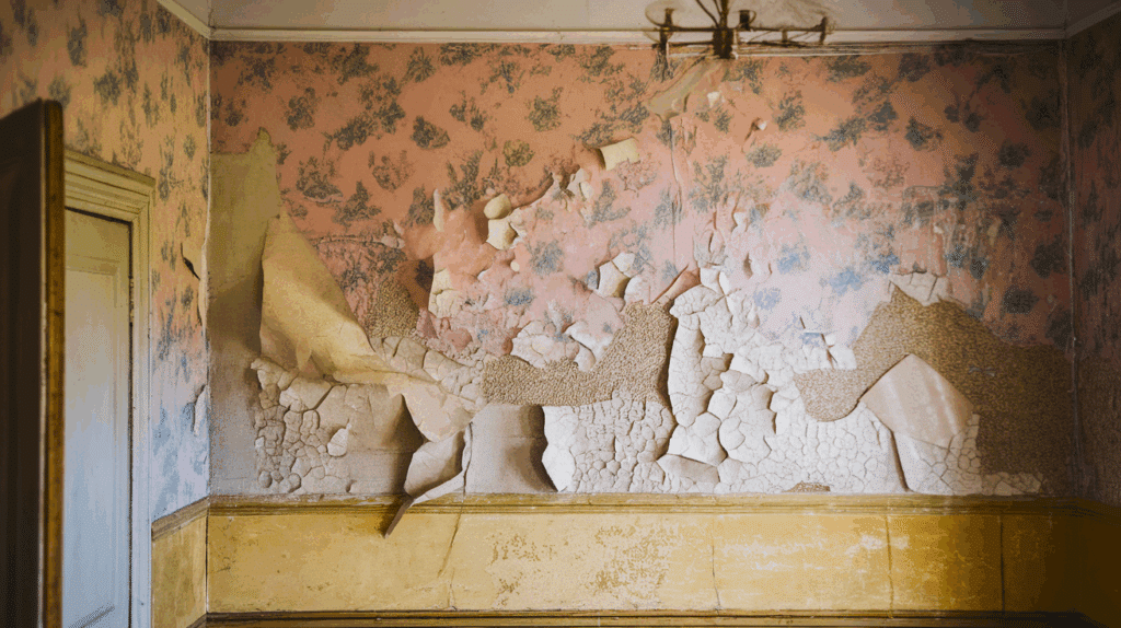 a photo of peeling wallpaper and old pai_G0LujOqiR8GW1H0EjH7dHA_lvU tkheQBywZLDYNiYNAQ