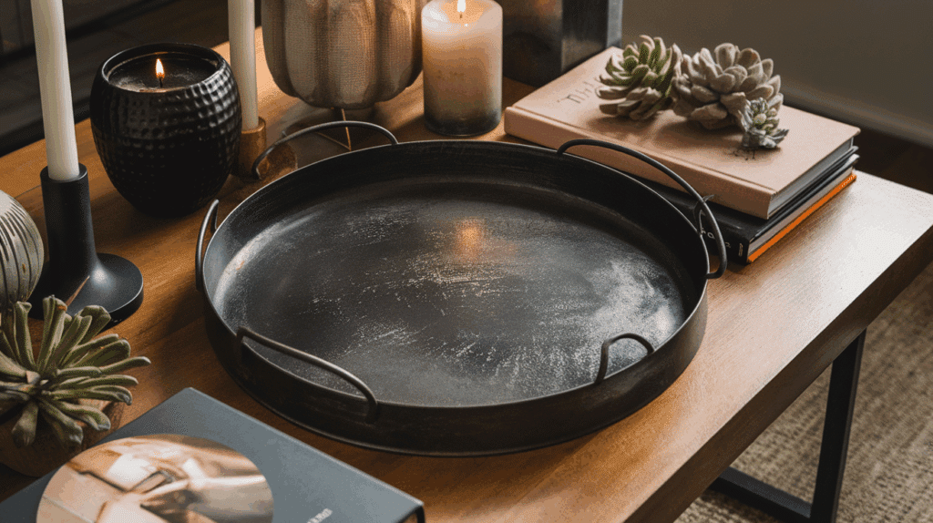 blackened steel finish decorative tray