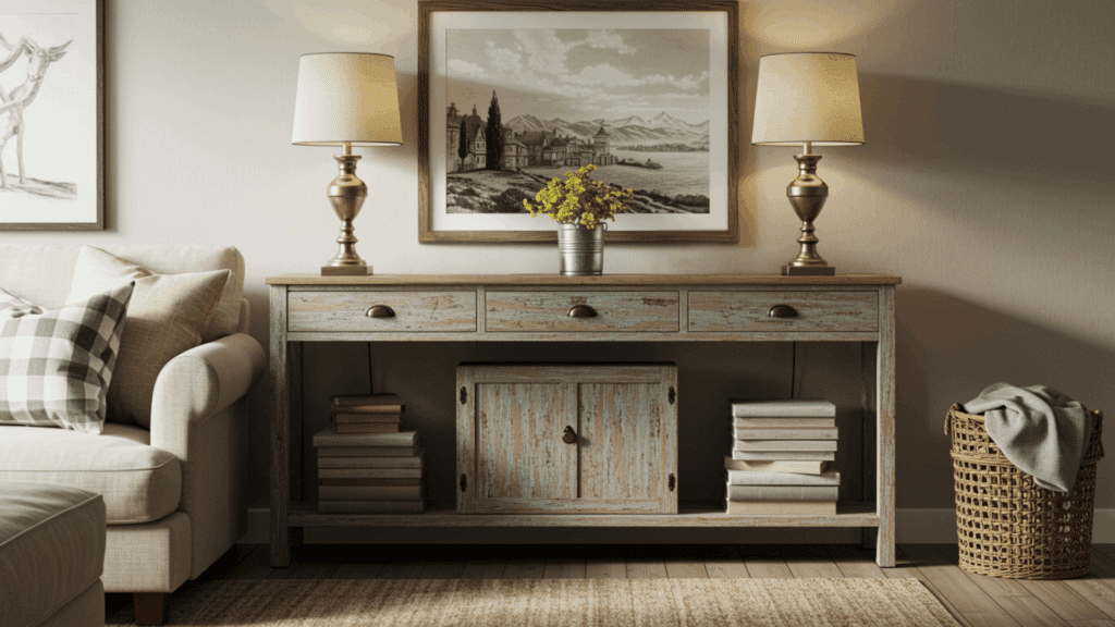 distressed wood console table