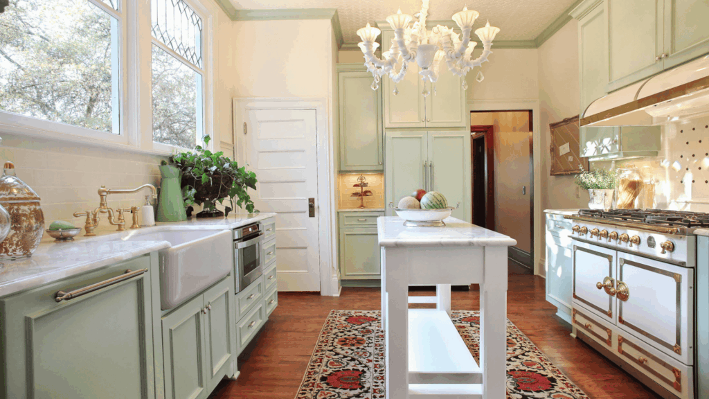 galley kitchen with slim island