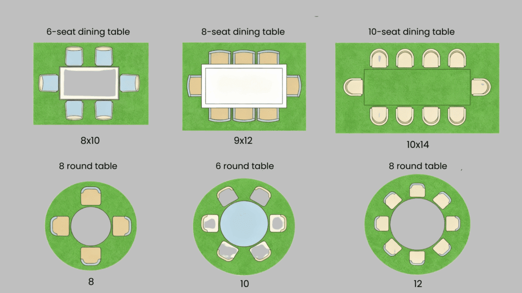 preferred size and dimensions of the rug under the dining table
