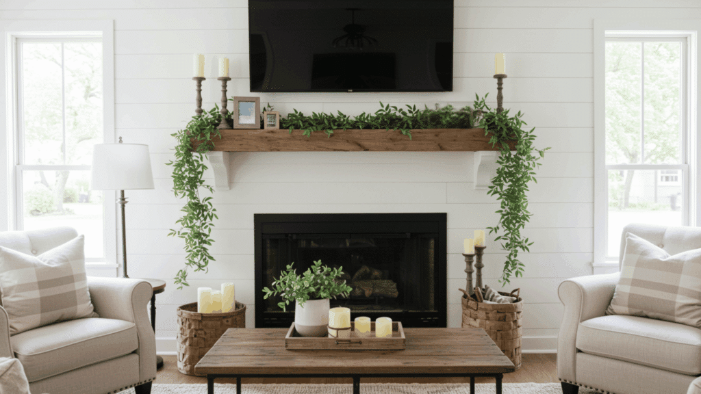 rustic wooden mantel