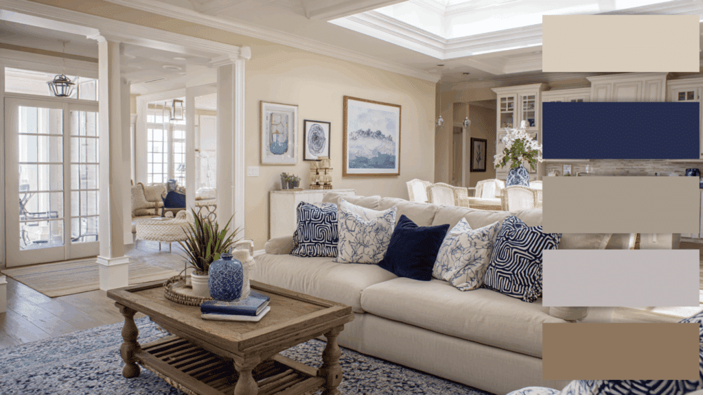 warm neutrals with blue accents