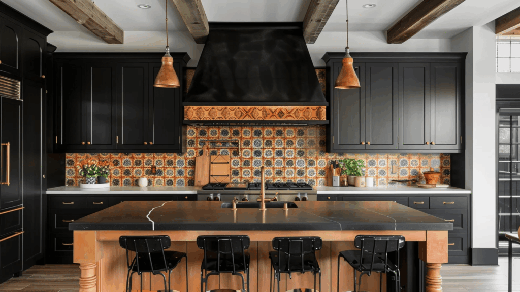 13. Black Cabinets with Patterned Tile Backsplash
