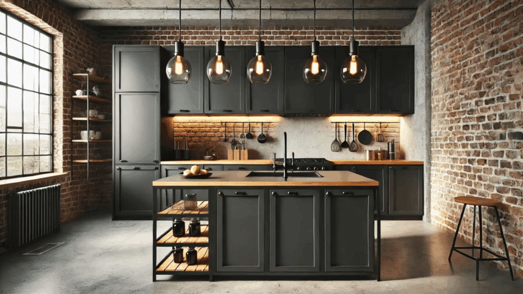 18. Black Kitchen with Industrial-Style Lighting