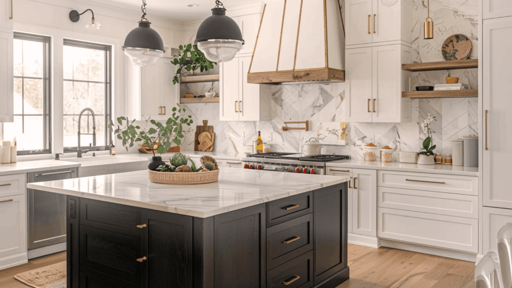 2. Black Cabinets Paired with Light Stone Countertops