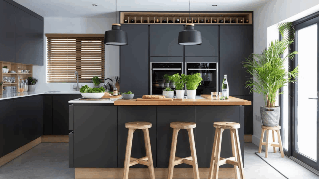 21. All Black Kitchen Balanced with Plants or Greenery