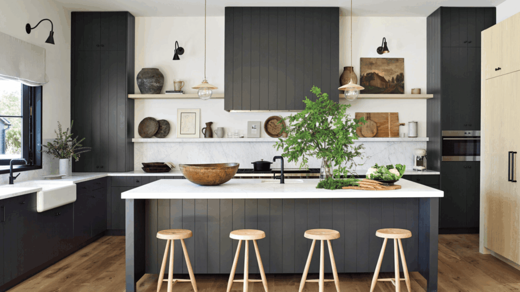 5. Black Kitchen with Open Wooden Shelves