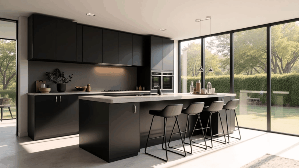 7. All Black Kitchen with Large Windows