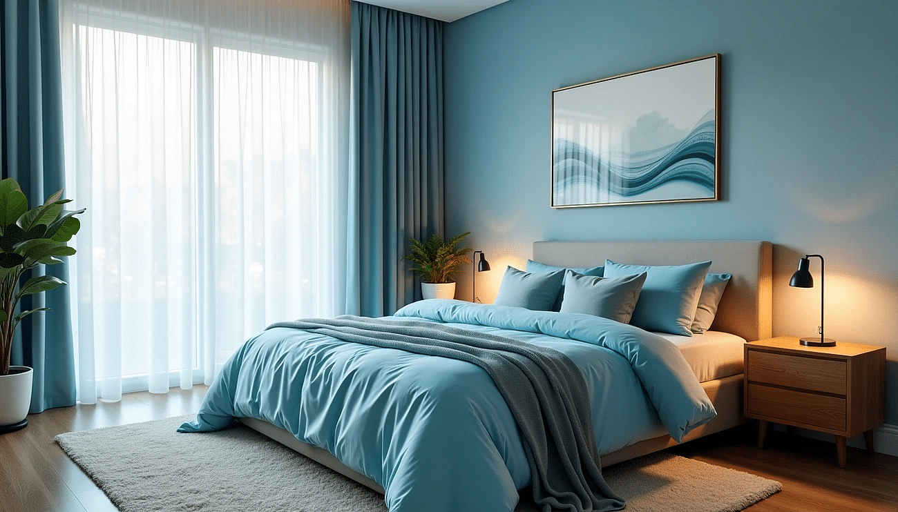 A bed with blue bedding and a painting above it

AI-generated content may be incorrect.