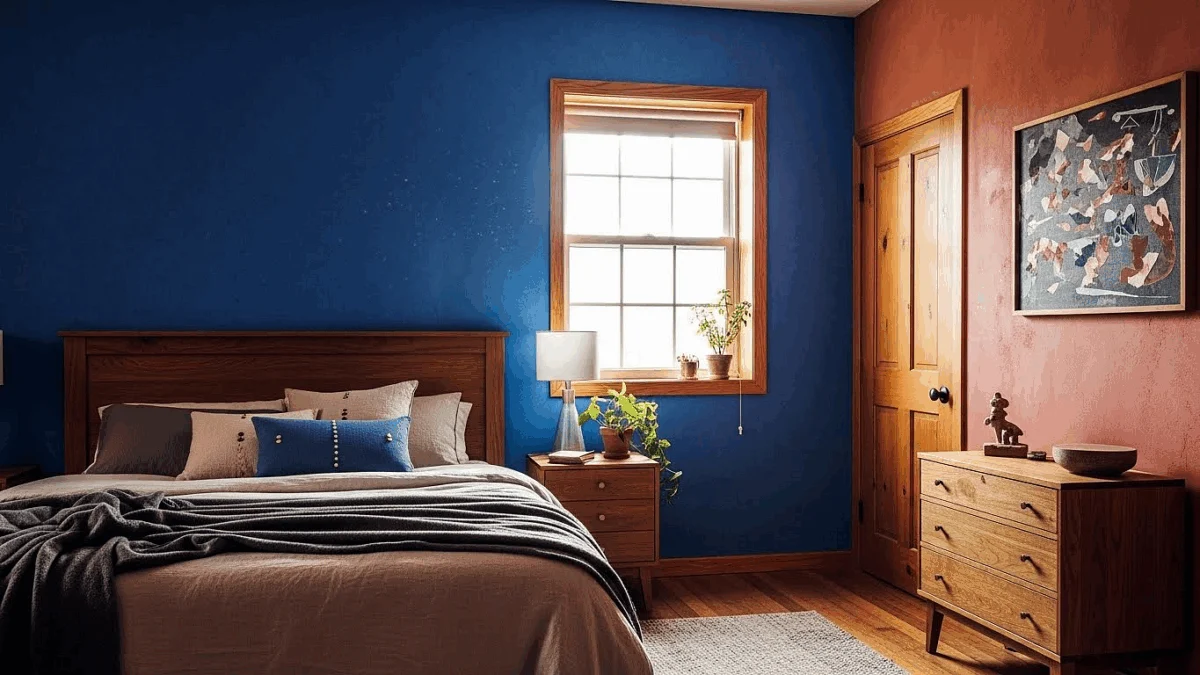 A bedroom with a blue wall and a bed

AI-generated content may be incorrect.