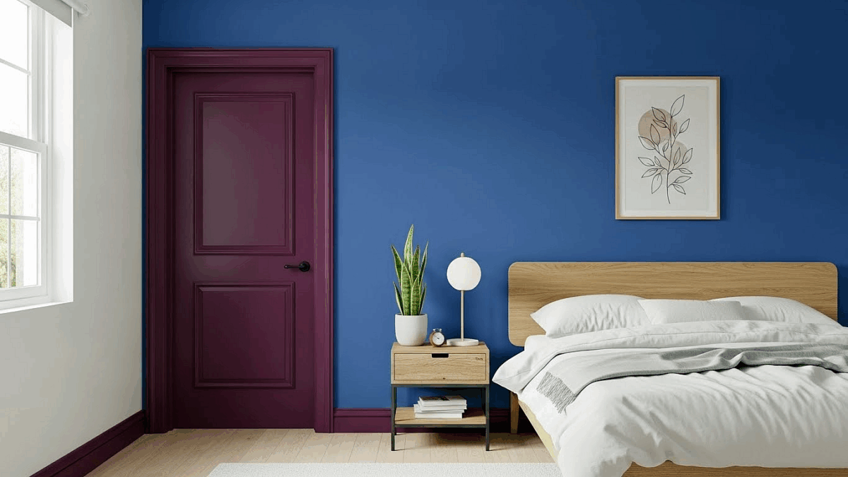 A blue wall with a bed and a plant on a nightstand

AI-generated content may be incorrect.