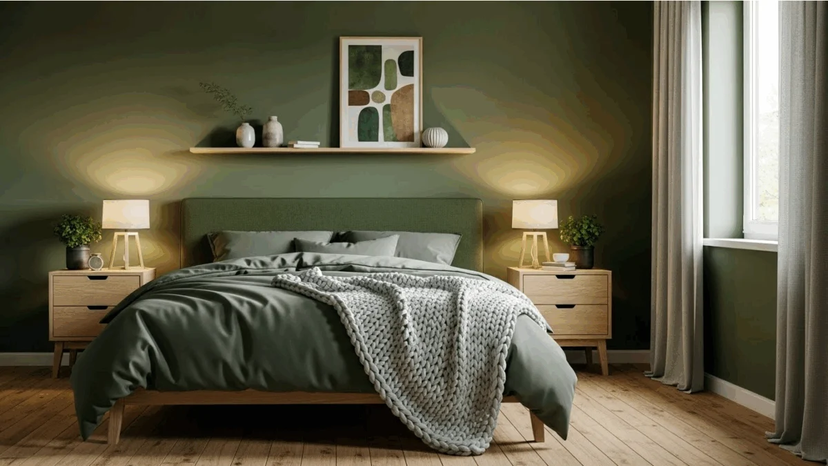 A green bedroom with a bed and a lamp

AI-generated content may be incorrect.