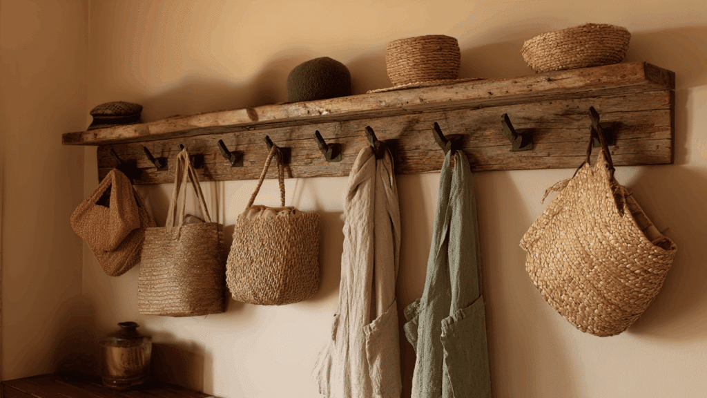 add rustic wall hooks for storage