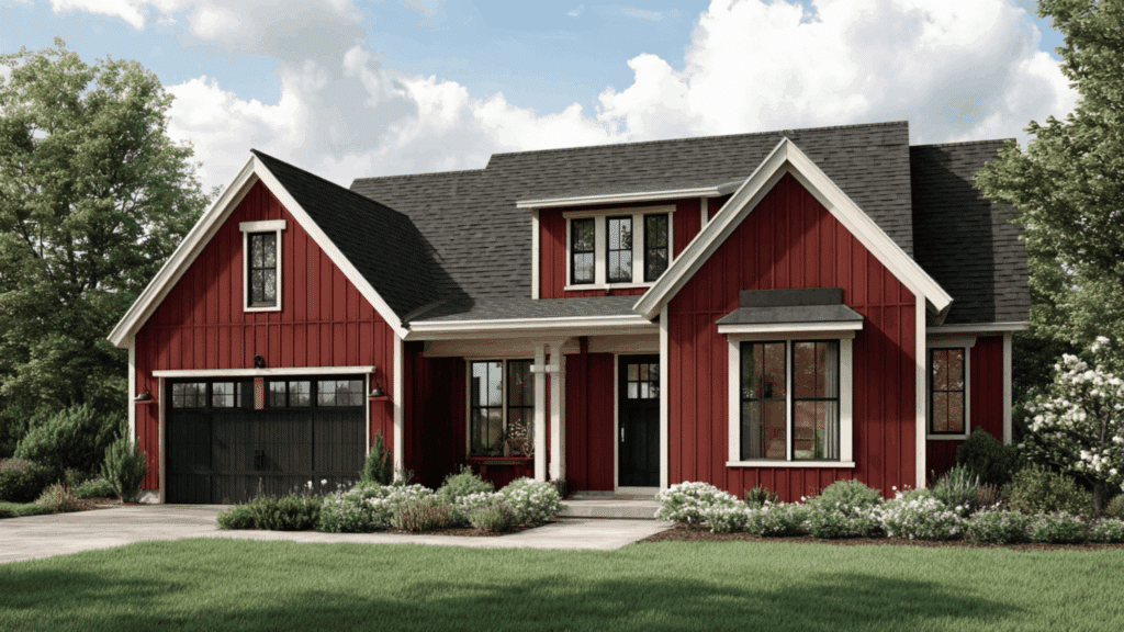 barn red siding cream trim black door