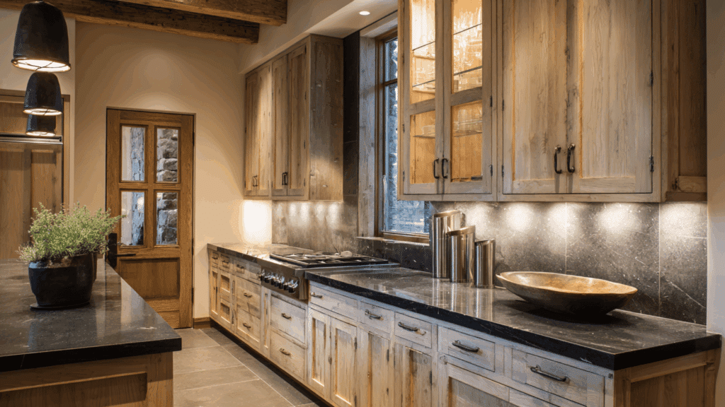 beige cabinets with charcoal quartz