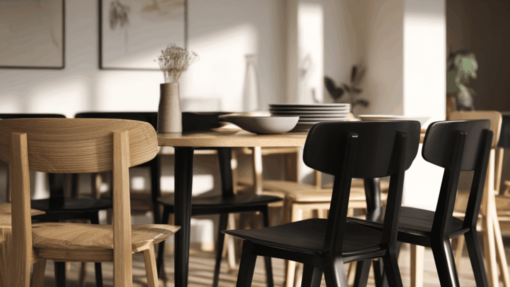 black chairs with natural wood chairs