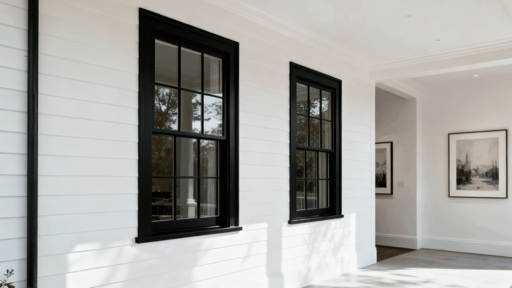 black windows white exterior