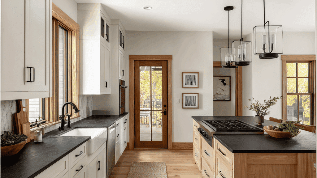 bright white cabinets with slate countertops