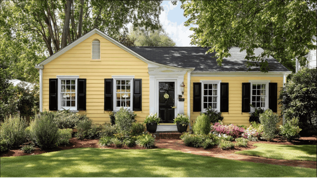 buttery yellow siding white trim black shutters (1)