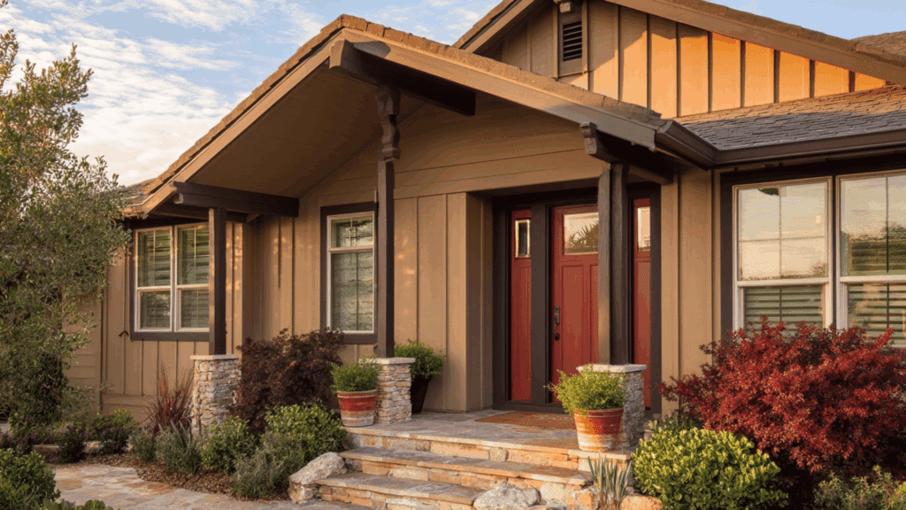 buttery yellow siding white trim black shutters