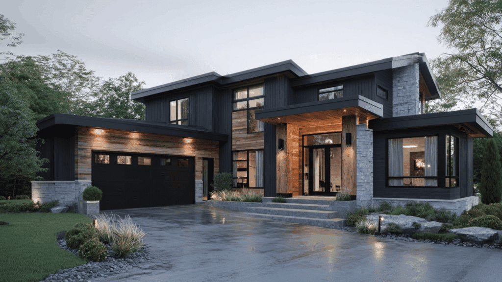 charcoal siding black trim natural light wood accents