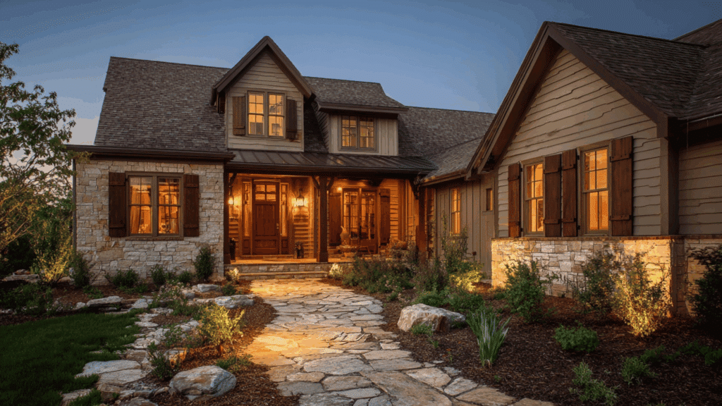 clay beige siding coffee brown trim rustic wood shutters